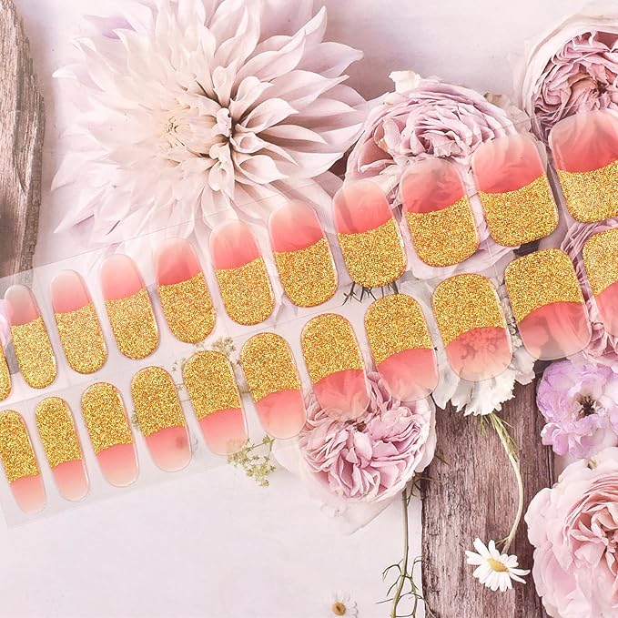 Semi Cured Gel Nail Strips (Glitter French Tip)-22 PCS Manicure Stickers | Light Required | Gel Nail Wraps, Salon Quality & Easy To Use