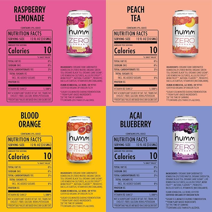 Humm Probiotic Kombucha Zero Sugar Variety Pack, No Refrigeration Needed, Keto Friendly, Organic, Vegan, Gluten Free, 12oz Cans (16 Pack)