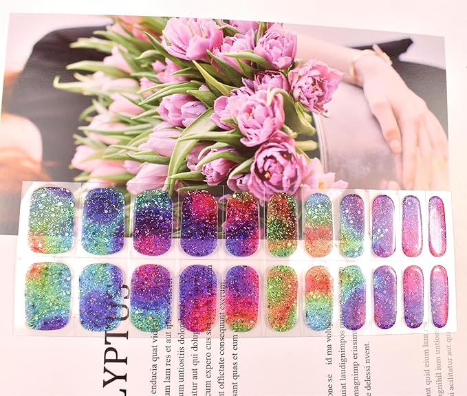 Semi Cured Gel Nail Strips Salon-Quality, Long Lasting Adhere Nail Art Stickers Decals (Colorful Sequins)