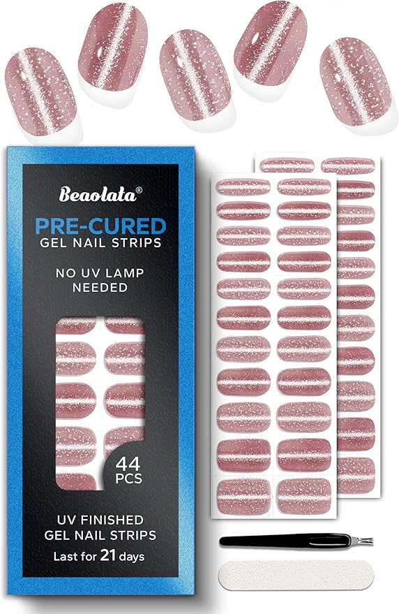 Pre Cured Gel Nail Strips - 44PCS Salon Quality Gel Nail Stickers - Long Lasting Polish Wraps for Women no UV Light Needed Easy Apply& Remove (Starry Pink Sky）