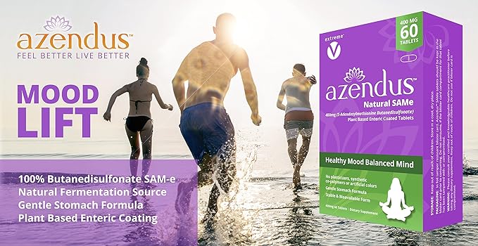Azendus Mood 400mg 2-Boxes of S-Adendosylmethionine Butanedisulfonate (SAM-e) 120 Enteric Coated Tablets - Vegan, Gluten Free, Soy Free