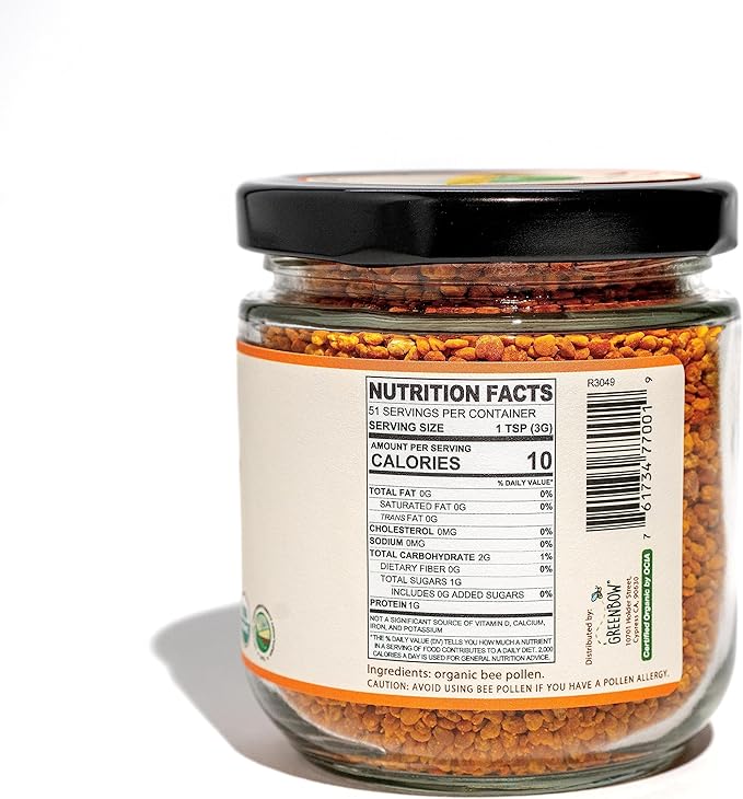 Greenbow Organic Bee Pollen - 100% USDA Certified Organic, Non-GMO, Halal, Kosher Certified, Pure & Natural Bee Pollen - Superfood Packed with Proteins, Vitamins & Minerals - Gluten Free - 155g