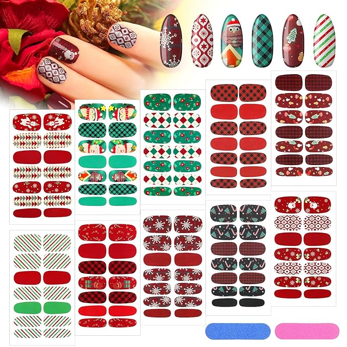 140 Pcs 10 Sheets Christmas Full Wrap Nail Stickers Polish Strips Plaid Gradient Stickers Glitter Self Adhesive DIY Art Decals Strips with 2 Pcs Nail Files for Xmas Decor (Snowflake Style)