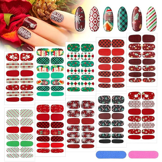 140 Pcs 10 Sheets Christmas Full Wrap Nail Stickers Polish Strips Plaid Gradient Stickers Glitter Self Adhesive DIY Art Decals Strips with 2 Pcs Nail Files for Xmas Decor (Snowflake Style)