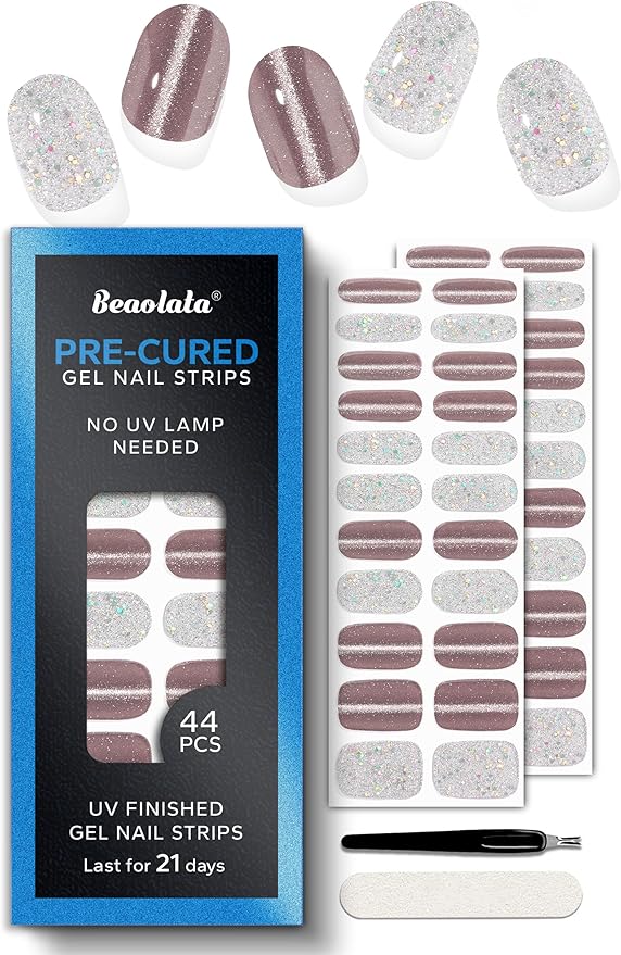 Pre Cured Gel Nail Strips - 44PCS Salon Quality Gel Nail Stickers - Long Lasting Polish Wraps for Women no UV Light Needed Easy Apply& Remove (Smoky Silver）