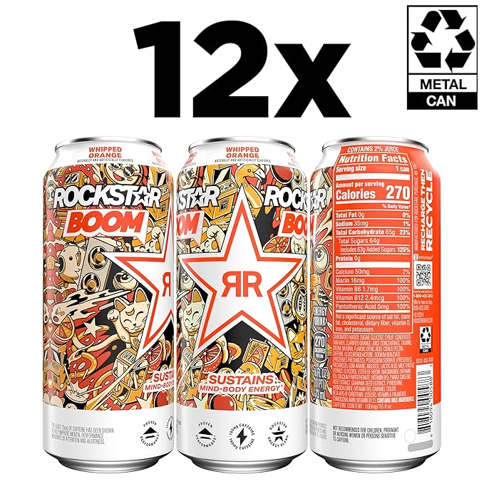 Rockstar Energy Drink Boom Whipped Orange, 16 Fl Oz (Pack of 12)