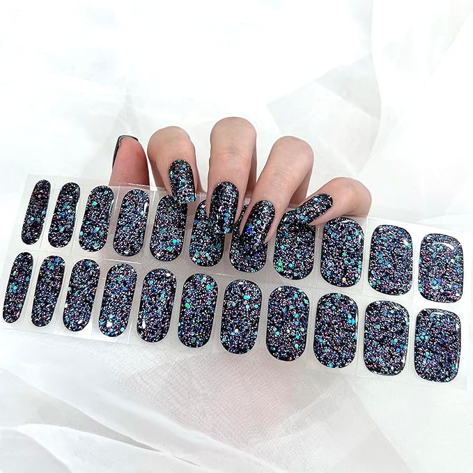 Semi Cured Gel Nail Strips Salon-Quality, Long Lasting Adhere Nail Art Stickers Decals (Sparkly Blue)
