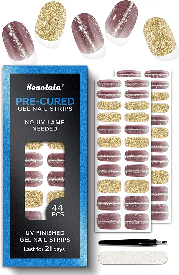 Pre Cured Gel Nail Strips - 44PCS Salon Quality Gel Nail Stickers - Long Lasting Polish Wraps for Women no UV Light Needed Easy Apply& Remove (Gothic Purple）