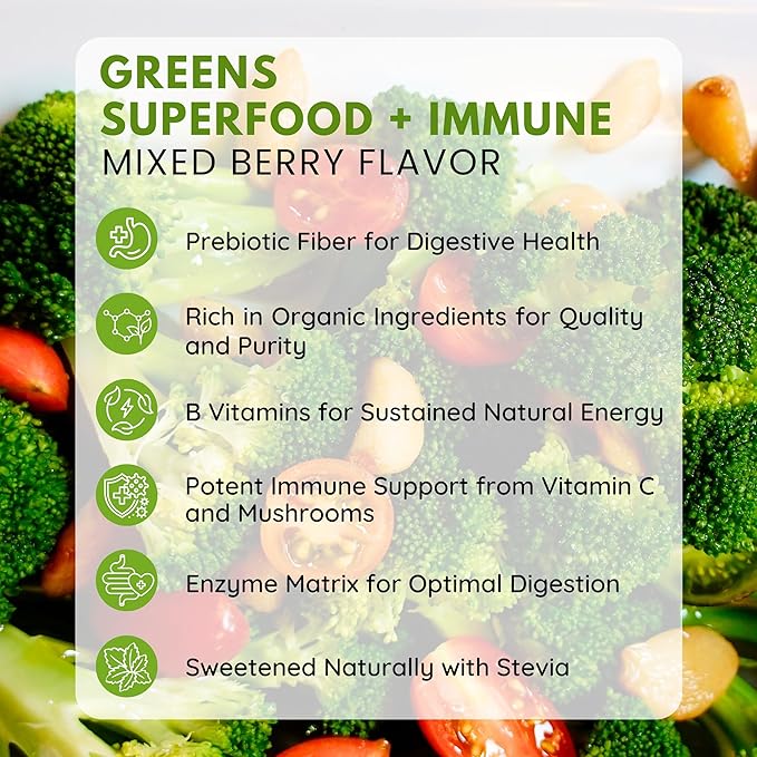 Greens Powder Immune Support, Superfood Blend with 20 Organic Greens & Superfruits, Boost Energy Level, Digestive Enzymes & Prebiotic Blend, Natural Mixed Berry Flavor (9.5 Oz)