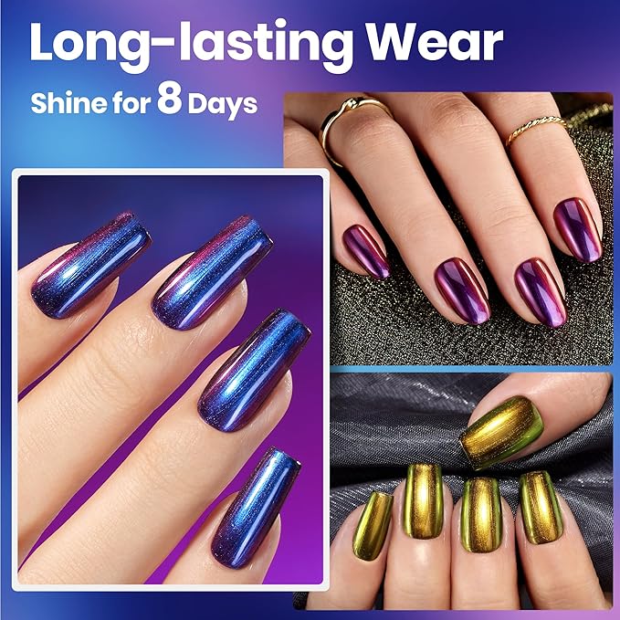 Beetles Chrome Nail Polish Set - Chameleon Holographic Ember 6 Colors Quick Fast Dry Metallic Nail Polish Long Lasting DIY Fingernail Art Home Salon Christmas Gifts for Girls Women