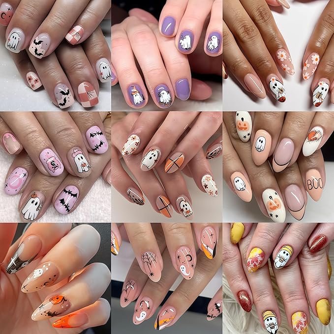 8 Sheets Halloween Nail Art Stickers Cute Flower Ghost Pumpkin Nail Decals Spooky Ghost Spider Web Bats Nail Design Stickers Floral Star Moon Nail Art Supplies for Women Holiday Nail Art Decorations