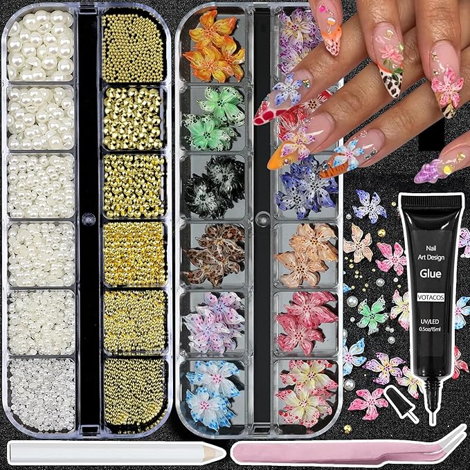 Flower Nail Art Charms with Rhinestones Glue Gel Cream Flatback Pearls Luxurious Nail Gems Supplies Accessories Gold Silver Nails Decoration Pearls for Women Nails Design
