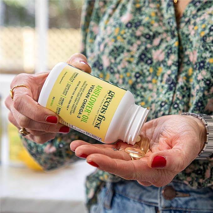 Greens First Ahiflower Oil Plant-Based Omega-3 Supplement – Vegan Omega-3 to Support Brain, Immune, Joint & Heart Health - Essential Fatty Acids - Gluten-Free/Dairy-Free/Soy-Free (90 Softgels)