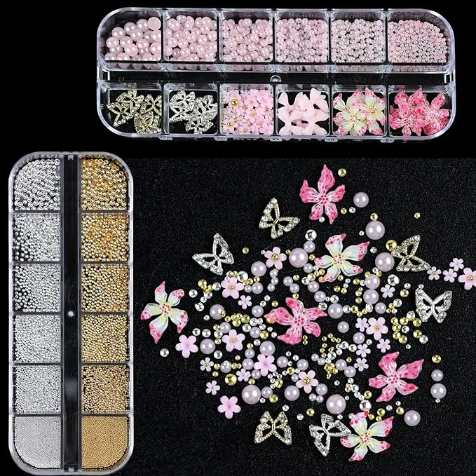 Nail Art Charms with Rhinestones Glue Gel Pink Flatback Pearls Flower Bow Nail Gems Supplies Accessories Gold Silver Nails Decoration Pearls for Women Nails Design