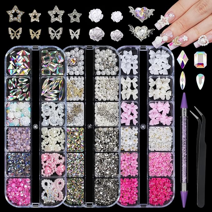 Rhinestones, AB Crystal Nail Gems Pink Opal Nail Rhinestones with Aurora Bubble Beads Pearls Star Heart Bows Nail Charms and Rhinestone Picker Tools for Kwaii Y2K Nail Art Decor - 3 Boxes