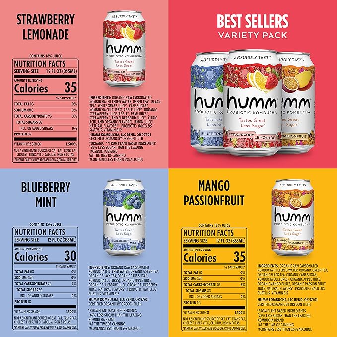 Humm Probiotic Kombucha The Original Variety 12 Pack, Organic, 2 Billion Probiotics for Gut Health, Mango Passionfruit, Blueberry Mint and Strawberry Lemonade