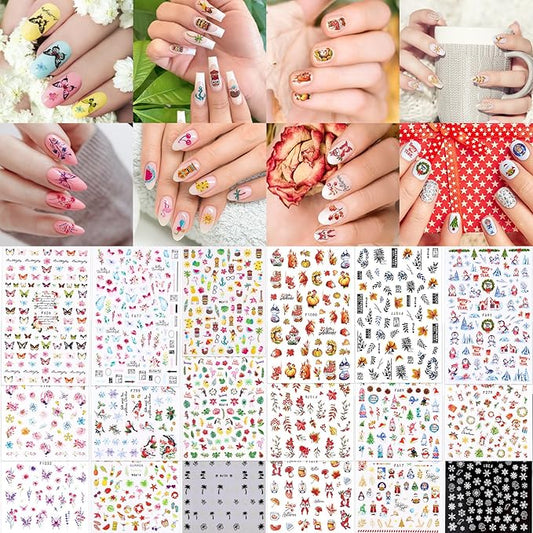 Whaline 18 Sheets All Year Nail Art Stickers Spring Summer Fall Winter Decorative Self-Adhesive Nail Decals for Seasonal Party DIY Manicure Supplies