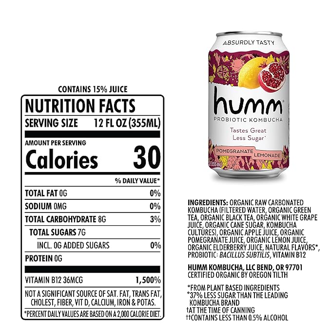 Humm Kombucha Pomegranate Lemonade, Organic, Vegan & GMO Free (12 Pack)