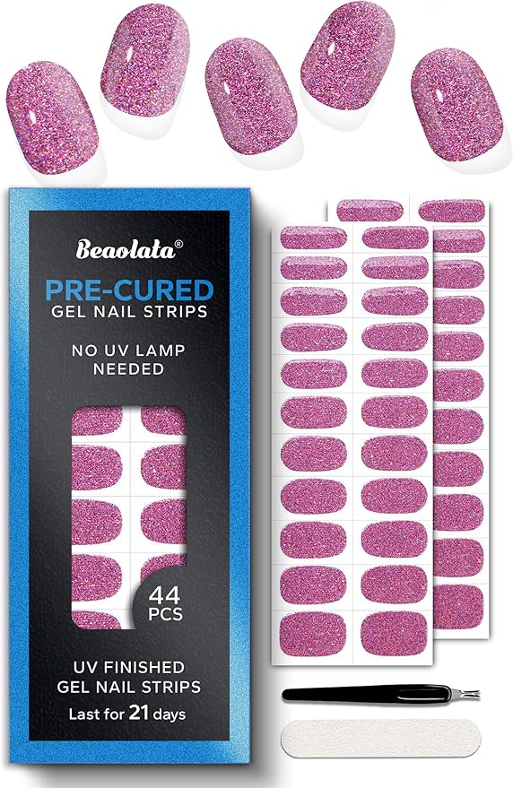 Pre Cured Gel Nail Strips - 44PCS Salon Quality Gel Nail Stickers - Long Lasting Polish Wraps for Women no UV Light Needed Easy Apply& Remove (Neon Pink)