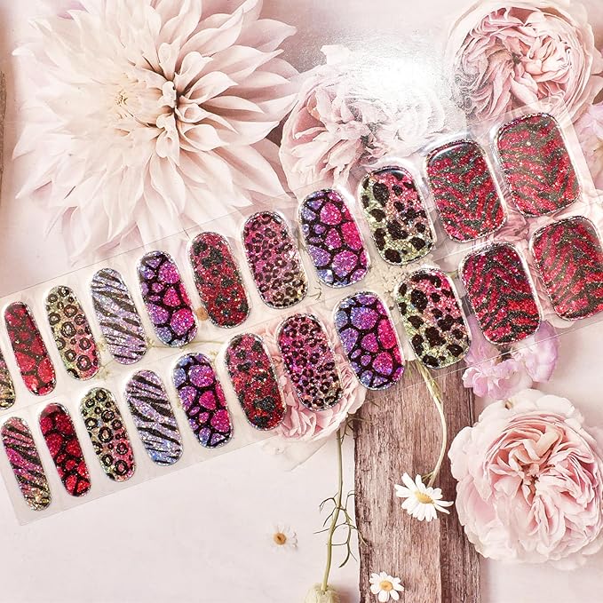 Semi Cured Gel Nail Strips (Glitter Leopard)-22 PCS Manicure Stickers | Gel Nail Wraps | Light Required, Salon Quality & Easy to Use