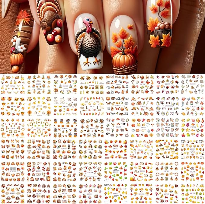 Fall Nail Stickers Water Decals 48 Designs Autumn Maple Leaf Water Transfer Nail Decals Turkey Pumpkin Squirrels Foxes Sliders Manicure Fall Sticker for Nail Decoration DIY Supplies 4 Sheets
