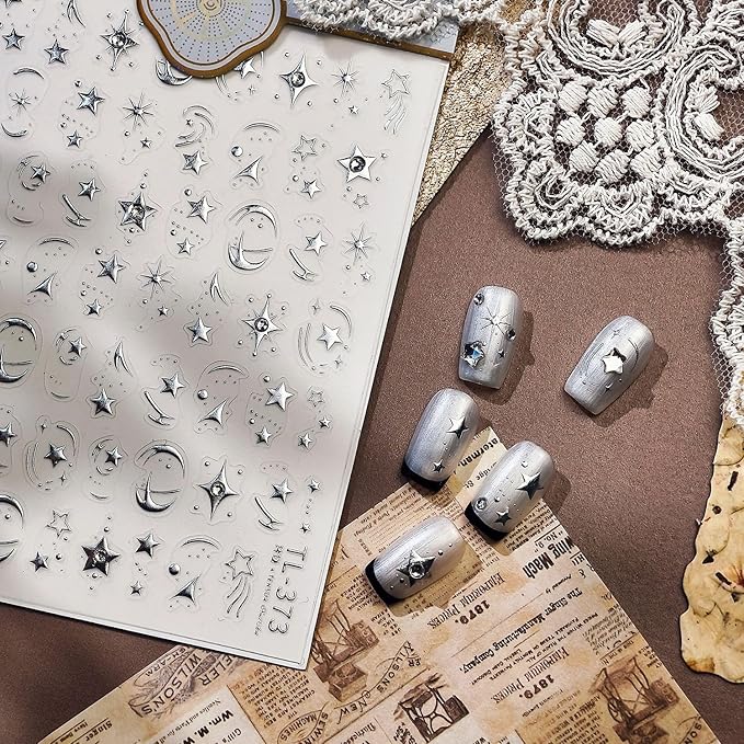 1Sheet Moon Star Nail Art Stickers 5D Embossed Silver Nail Stickers Luxury Star Moon Sticker for Nails Designs Diamond Star Nail Decals Y2K Nails Supplies Manicure Accessories for Women
