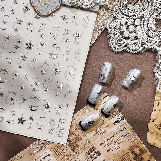 1Sheet Moon Star Nail Art Stickers 5D Embossed Silver Nail Stickers Luxury Star Moon Sticker for Nails Designs Diamond Star Nail Decals Y2K Nails Supplies Manicure Accessories for Women