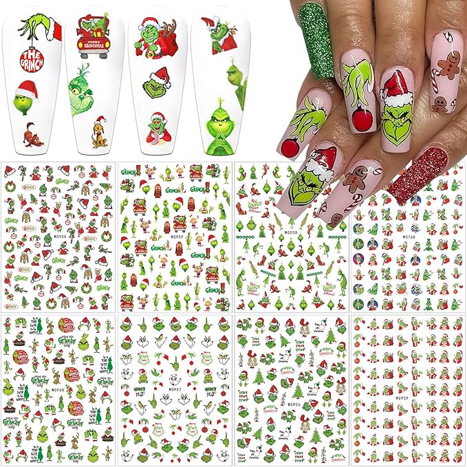 8 Sheets Christmas Nail Art Stickers - 3D Xmas Decals With Self-Adhesive Winter Nail Stickers for Holiday Designs