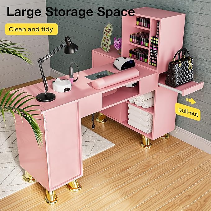 Manicure Table Nail Station w/Dust Collector - L-Shaped Nail Tech Table with Shelves, Storage Cabinets, Drawers, Metal Handles & Legs, Salon Wrist Rest, Beauty Salon Workstation Decor (Pink)