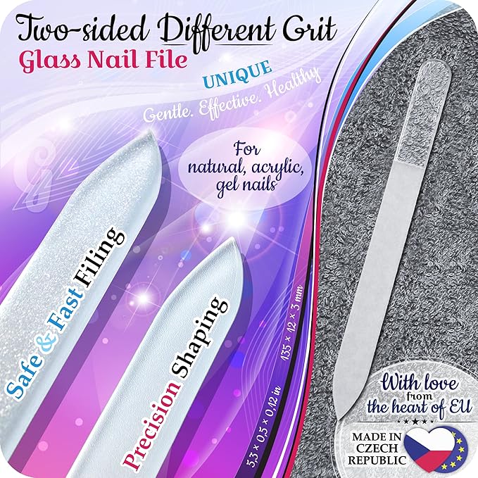 GLADZY Glass Nail File Set – Czech Crystal Nail Files for Natural Nails, Glass Foot File Callus Remover, Professional Manicure & Pedicure Kit for Fingernails & Toenails with Case and Towel, Made in EU
