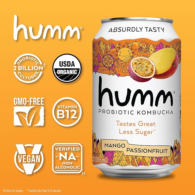 Humm Kombucha Mango Passionfruit, Organic, Vegan & GMO Free (24 Pack)