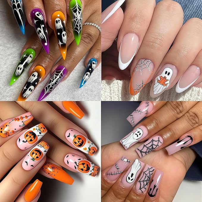 8 Sheets Halloween Nail Art Stickers Decals Ghost Pumpkin Nail Decals 3D Self-Adhesive Pink Mushroom Flower Ghost Nail Supplies Nail Decorations Gothic Nail Sticker for Women Halloween Party
