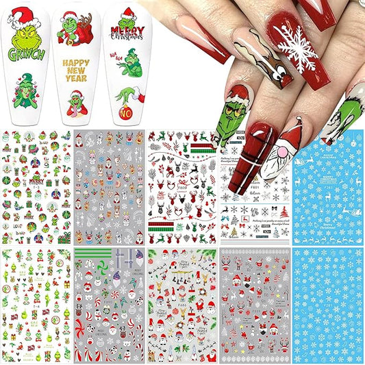 10 Sheets Christmas Nail Art Stickers 3D Xmas Nail Decals Winter Snowflake Santa Claus Snowman Buffalo Plaid Reindeer Nail Stickers for Christmas Nail Designs Decorations Manicure Tips Charms