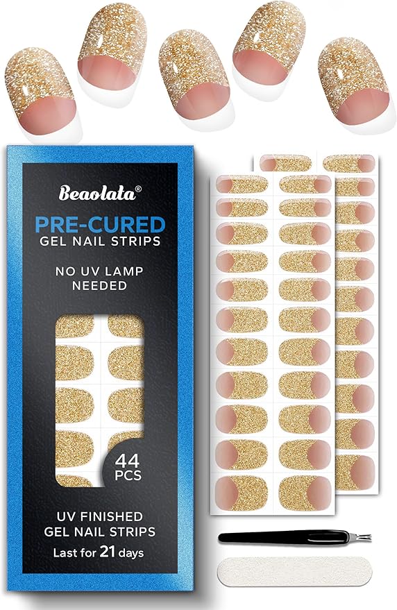 Pre Cured Gel Nail Strips - 44PCS Salon Quality Gel Nail Stickers - Long Lasting Polish Wraps for Women no UV Light Needed Easy Apply& Remove (Gold Haze）