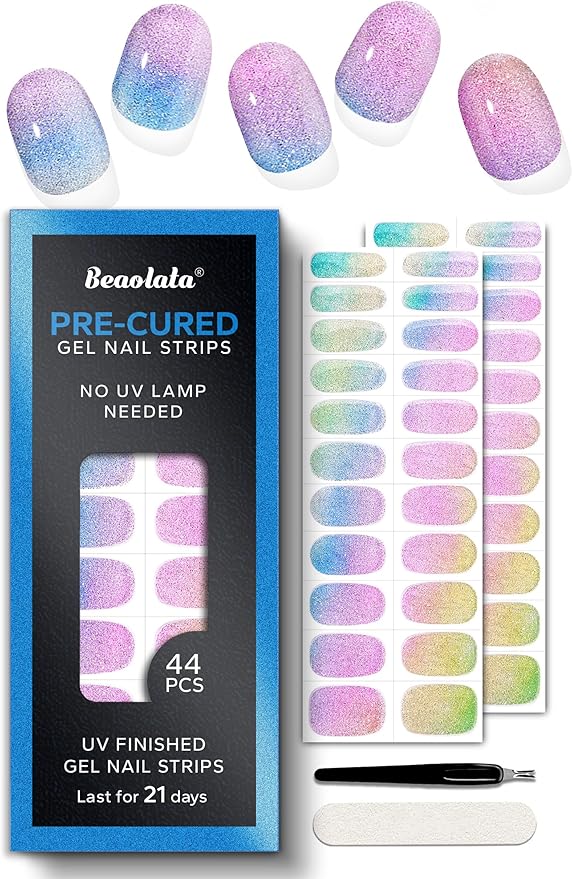 Pre Cured Gel Nail Strips - 44PCS Salon Quality Gel Nail Stickers - Long Lasting Polish Wraps for Women no UV Light Needed Easy Apply& Remove (Unicorn Magic Green)